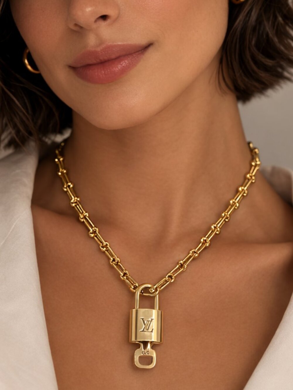 Authentic Louis Vuitton Gold Lock w/ Unbranded Horse Shoe Stainless Steel Chain